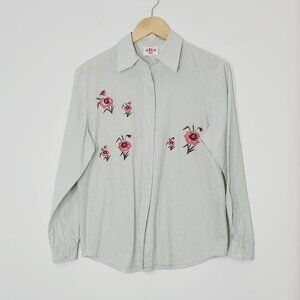 Alia White Green Striped Floral Embroidered Cotton Blend Button Down Shirt 10P